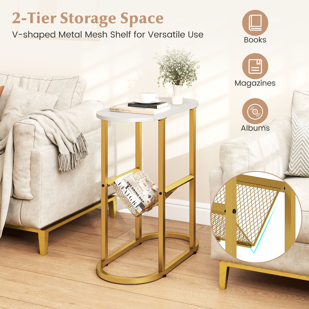 2-tier Oval Narrow Bedside End Table