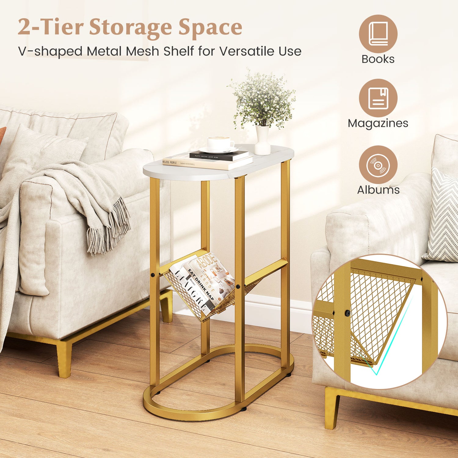 2-tier Oval Narrow Bedside End Table