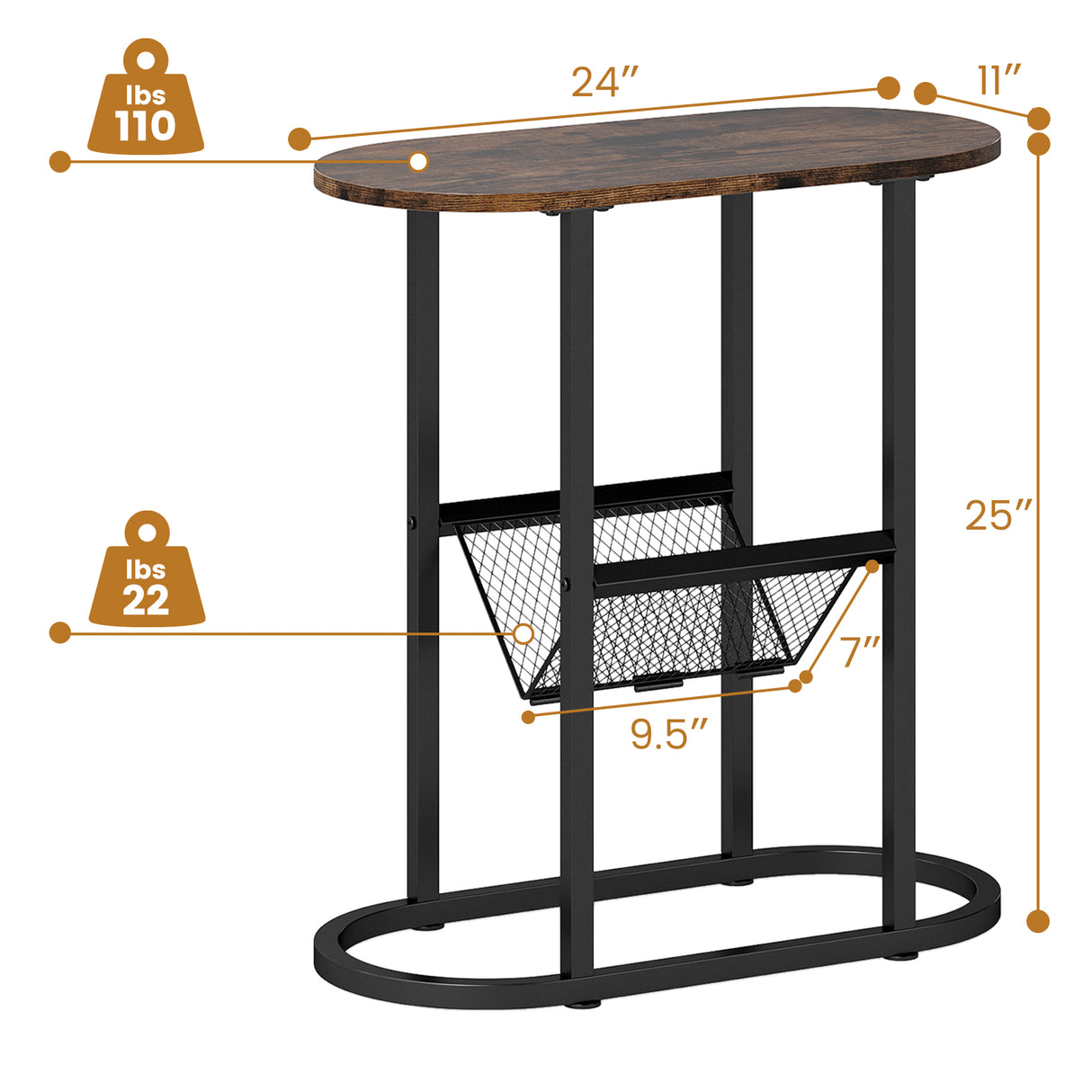 2-tier Oval Narrow Bedside End Table