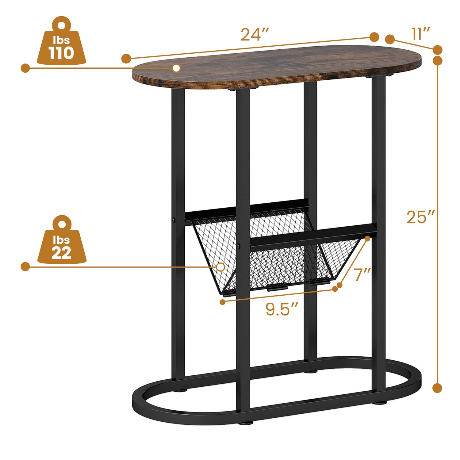 2-tier Oval Narrow Bedside End Table
