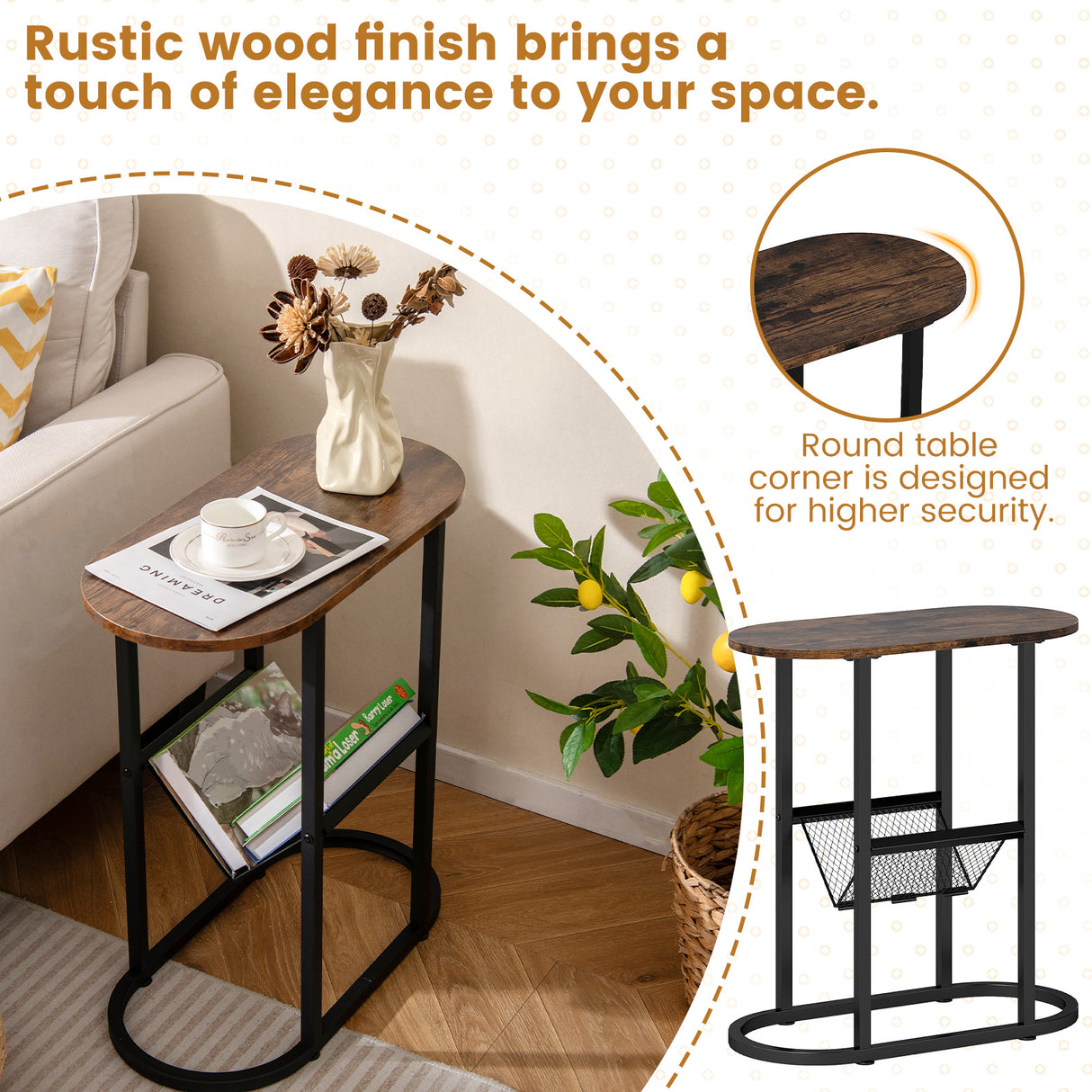 2-tier Oval Narrow Bedside End Table
