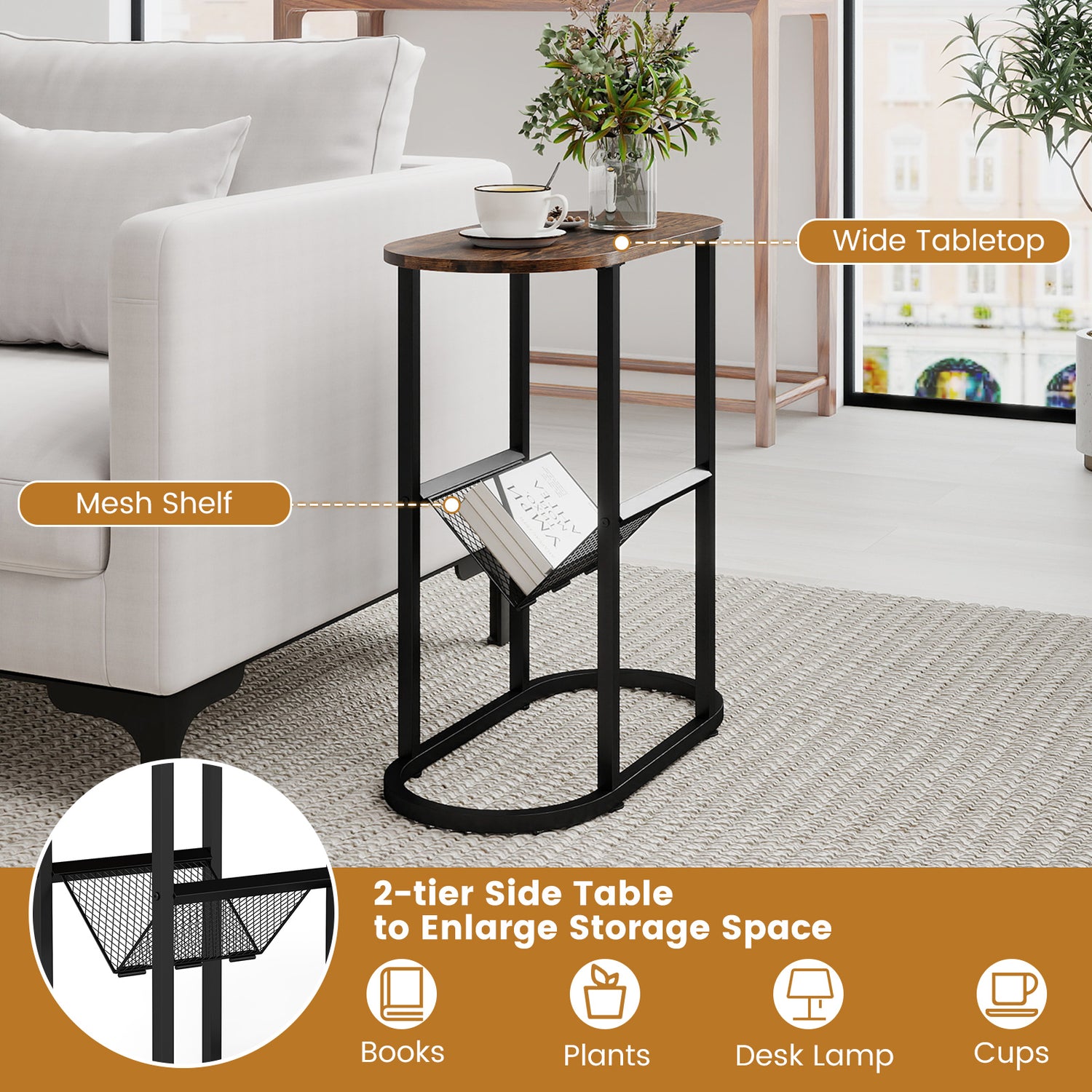 2-tier Oval Narrow Bedside End Table