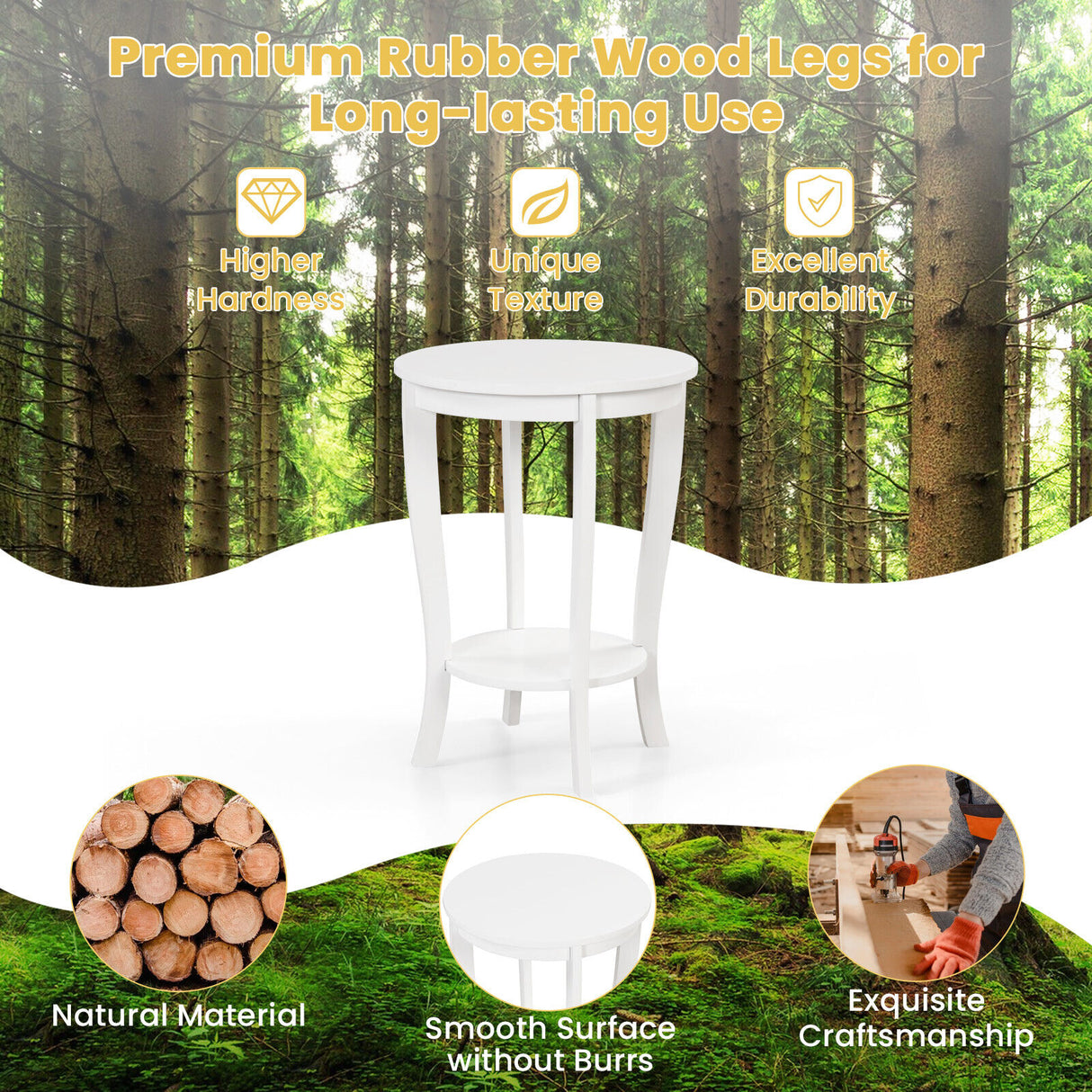 2-tier Round End Table with Solid Wood Legs