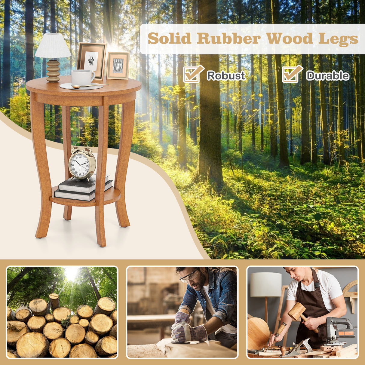 2-tier Round End Table with Solid Wood Legs