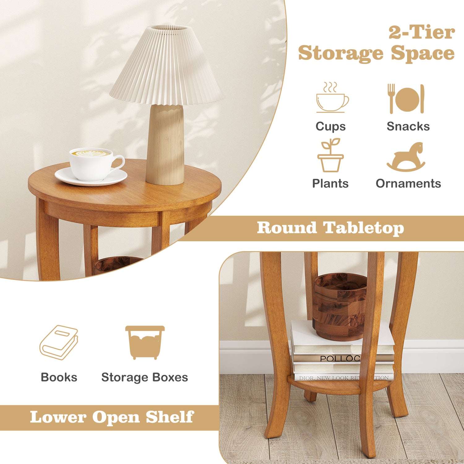 2-tier Round End Table with Solid Wood Legs
