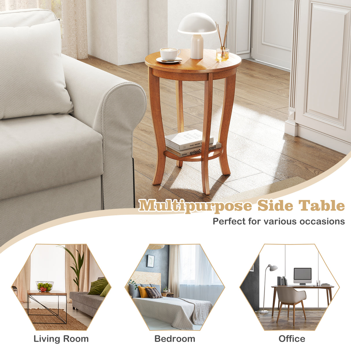 2-tier Round End Table with Solid Wood Legs