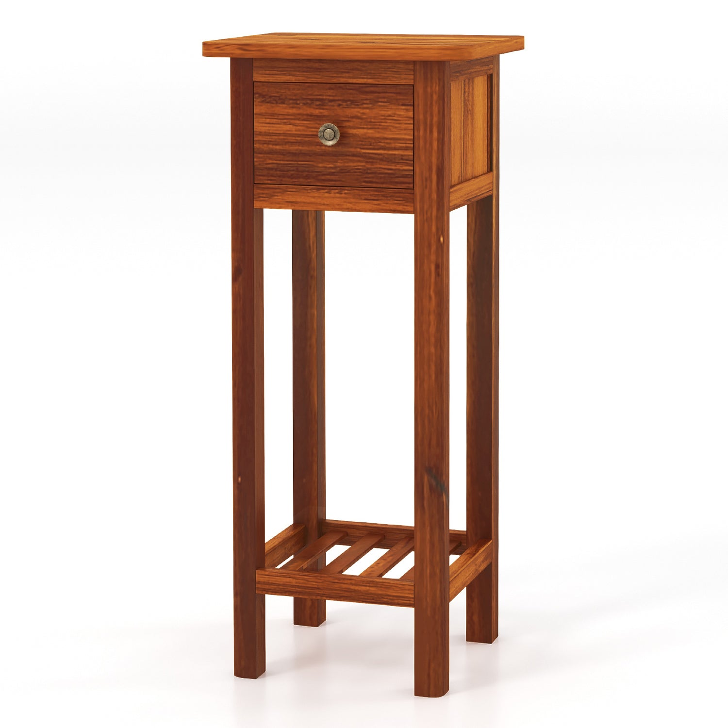 2 Tier Slim Nightstand Bedside Table with Drawer Shelf