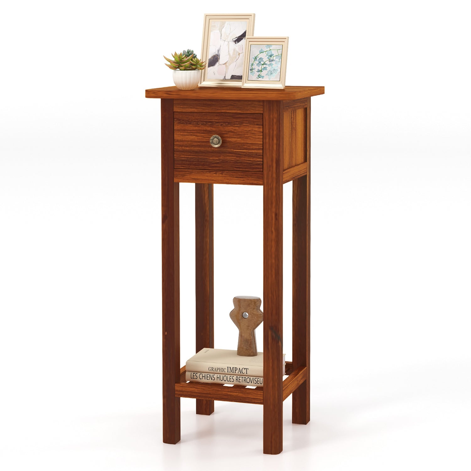 2 Tier Slim Nightstand Bedside Table with Drawer Shelf