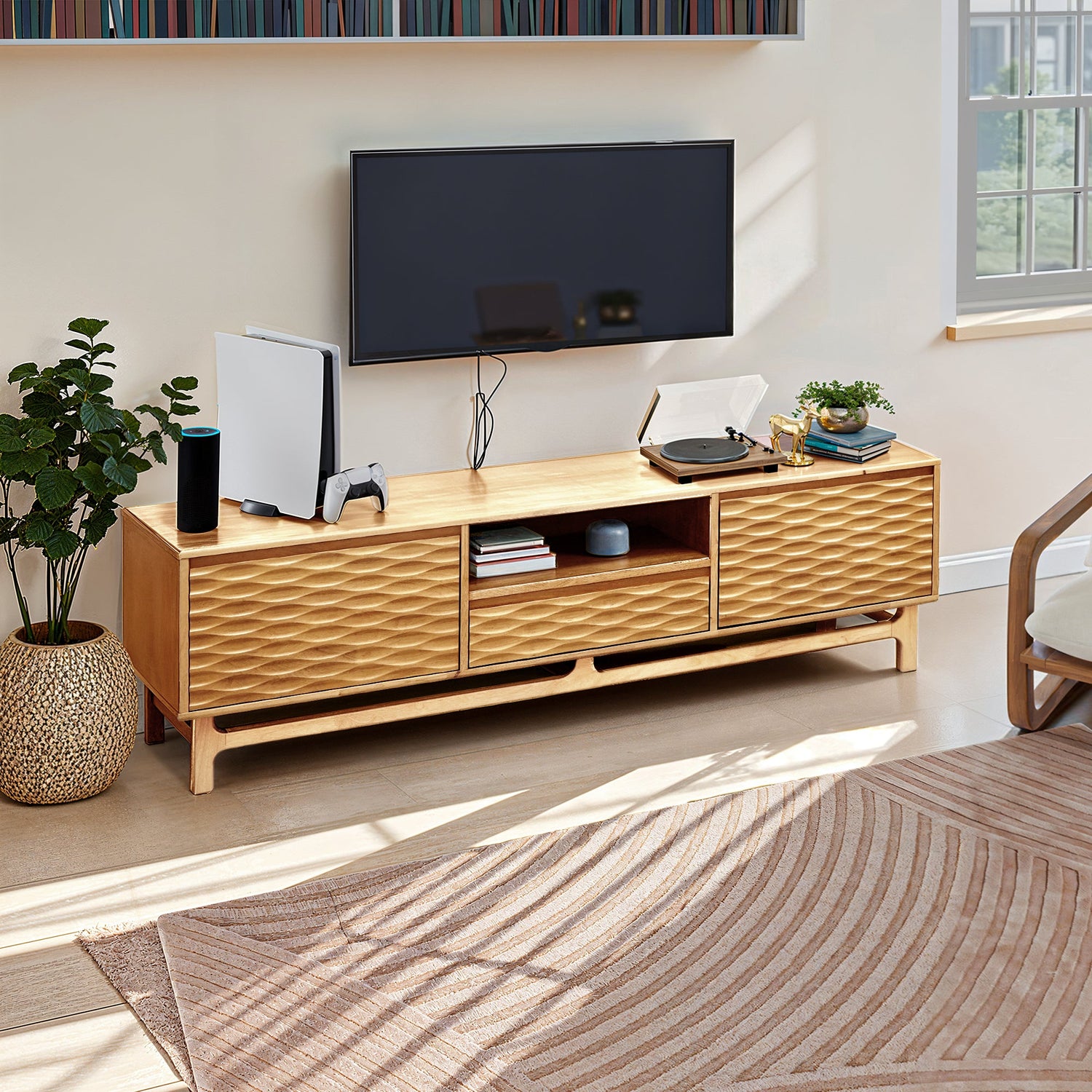 Acacia Elara Solid Wood TV Stand with Storage and Cable Management for TVs up to 80"