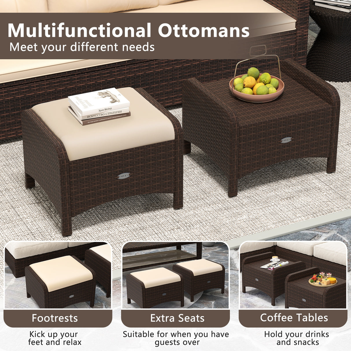 2 Pieces Outdoor Patio PE Wicker Ottomans with Removable Cushions