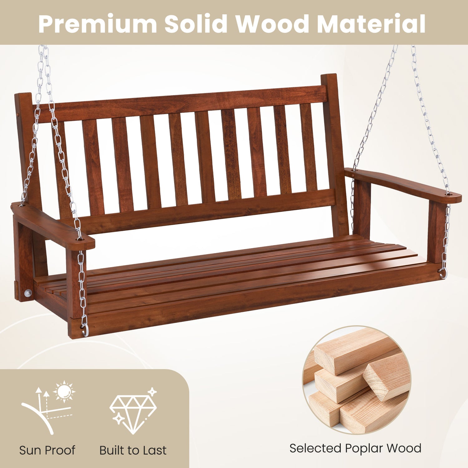 2-Person Wooden Outdoor Porch Swing with 500 lbs Weight Capacity