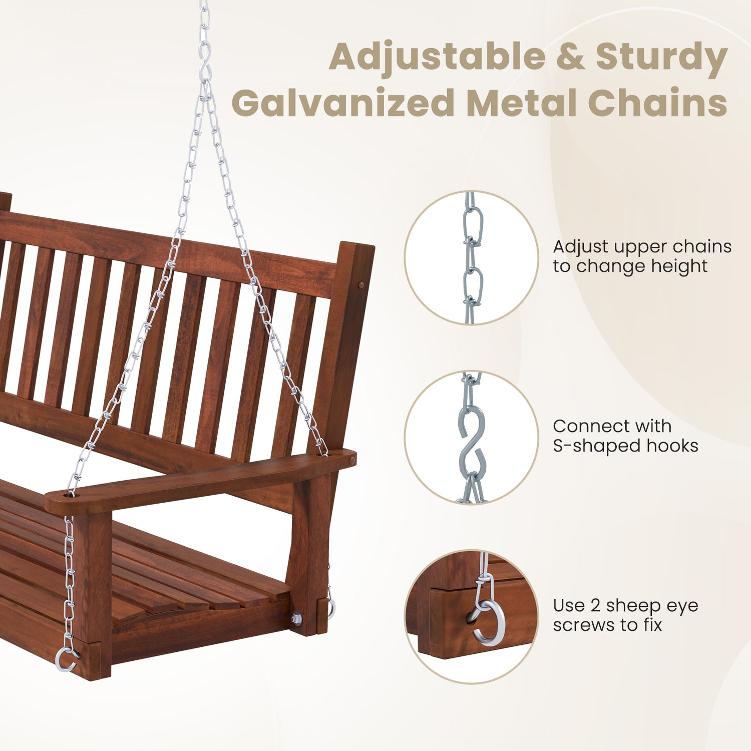 2-Person Wooden Outdoor Porch Swing with 500 lbs Weight Capacity