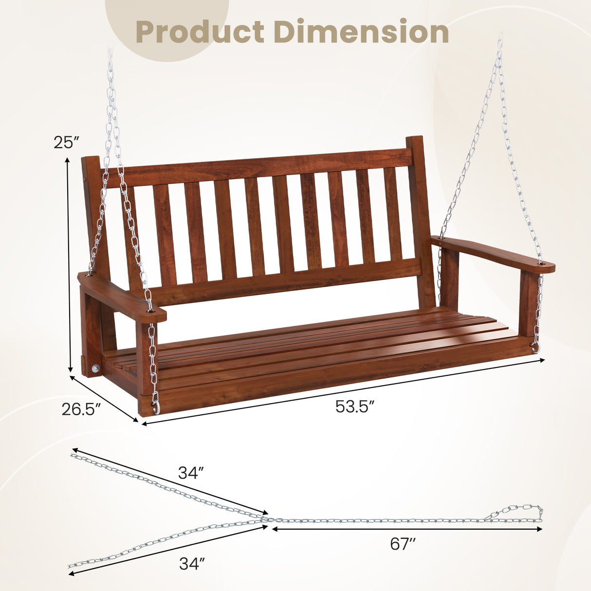 2-Person Wooden Outdoor Porch Swing with 500 lbs Weight Capacity