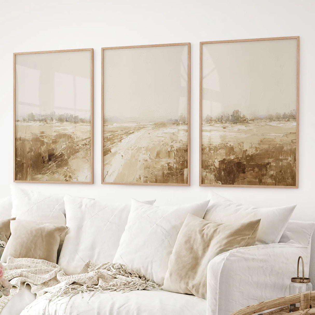 Neutral Abstract Landscape Art. Beige Farmhouse Triptych