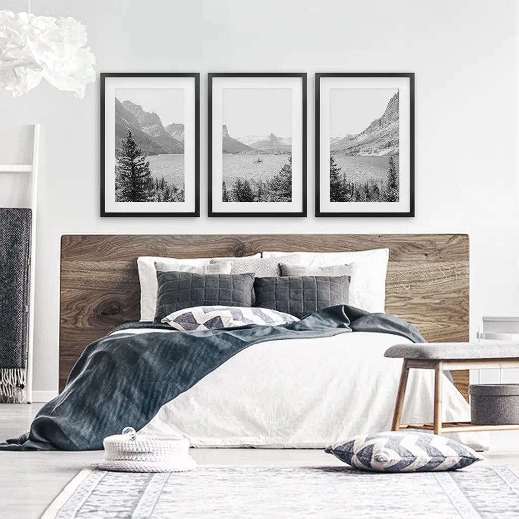Glacier National Park. US Black White Mountain Lake Prints