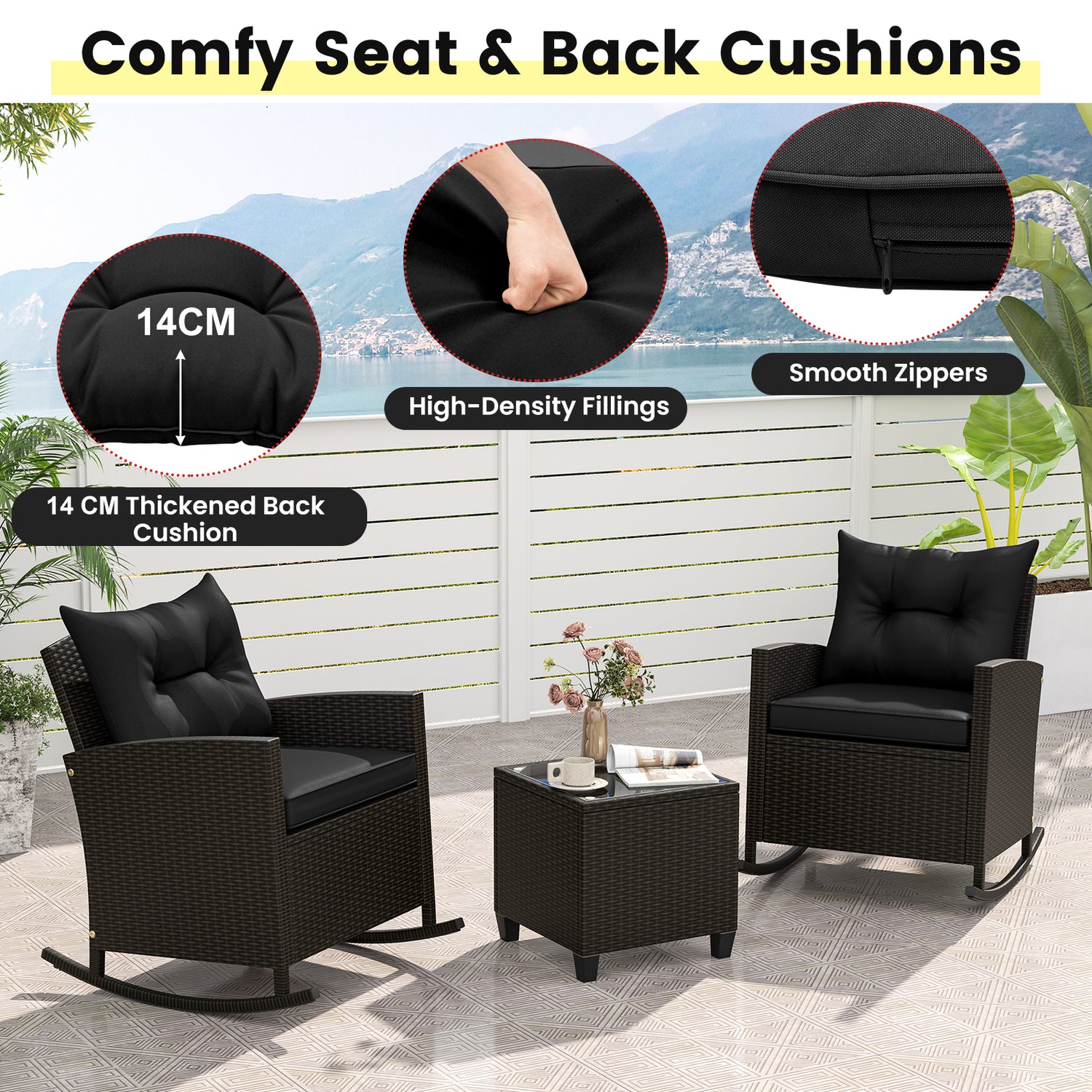 3-Piece Patio Rattan Roker Chairs with Tempered Glass Table and Soft Cushions