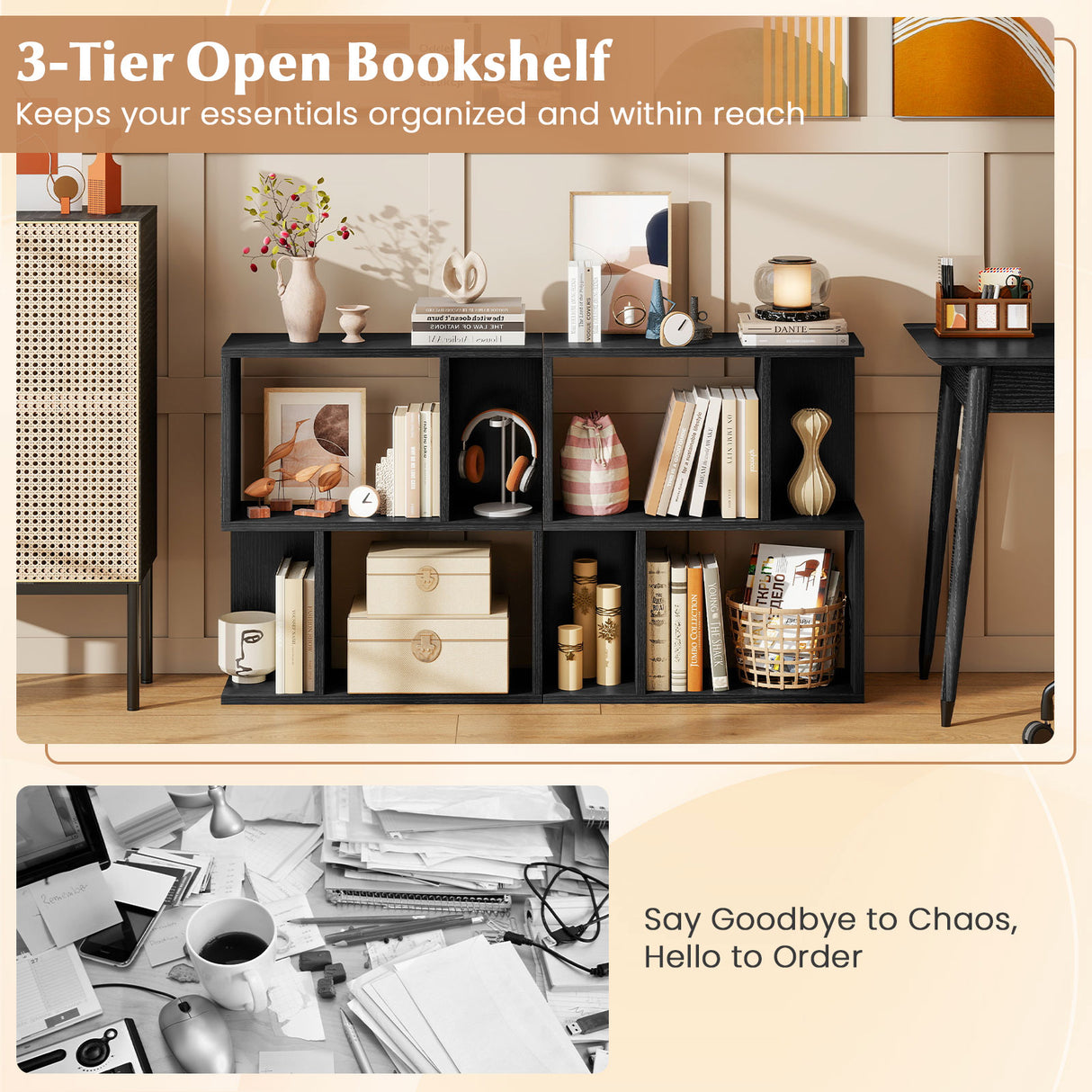 3-Tier Bookshelf with Display Shelf for Small Space