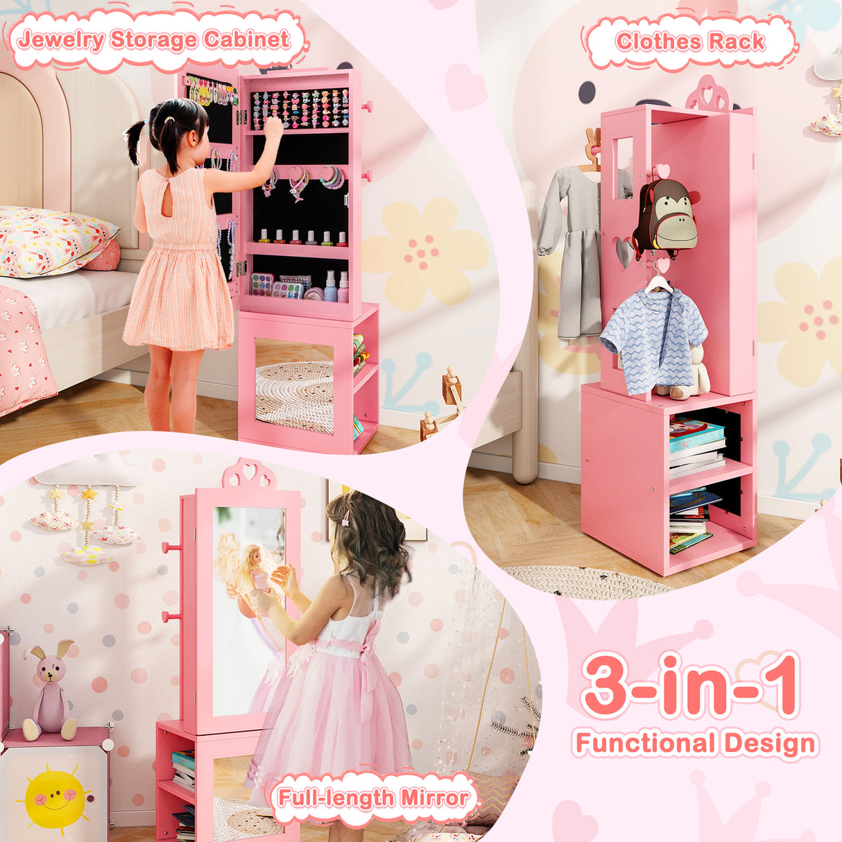 3-in-1 Freestanding Kids Jewelry Cabinet Armoire with Full Length Mirror