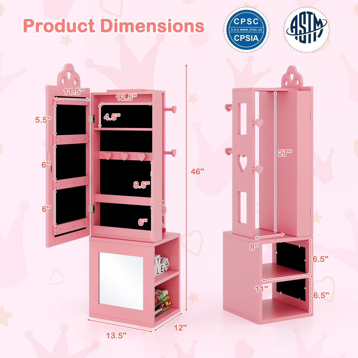 3-in-1 Freestanding Kids Jewelry Cabinet Armoire with Full Length Mirror