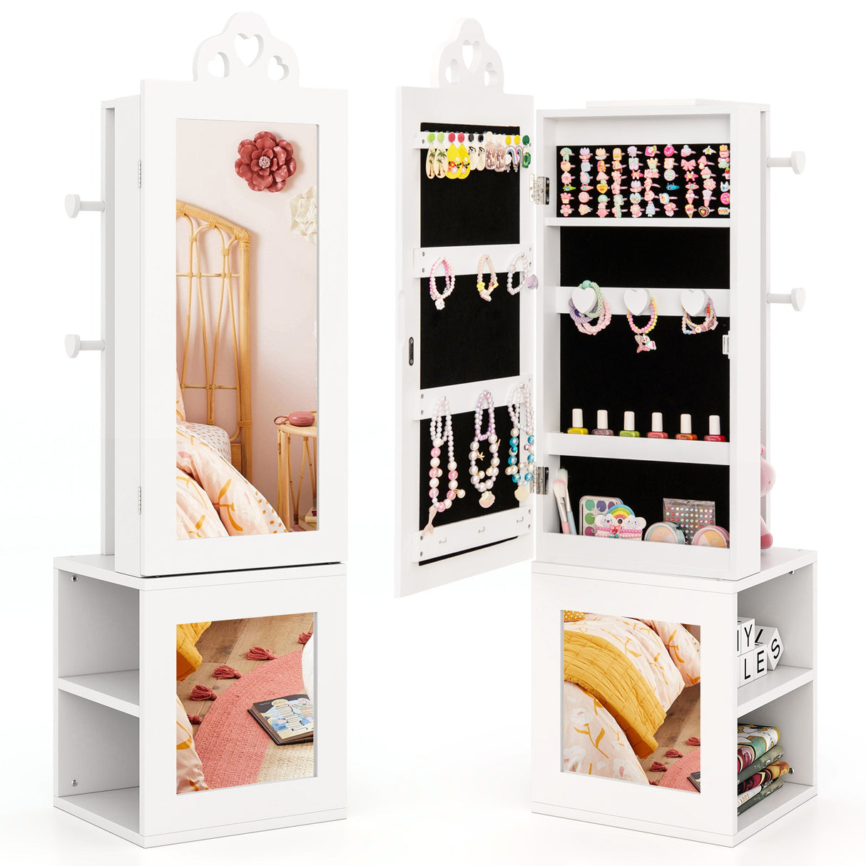 3-in-1 Freestanding Kids Jewelry Cabinet Armoire with Full Length Mirror