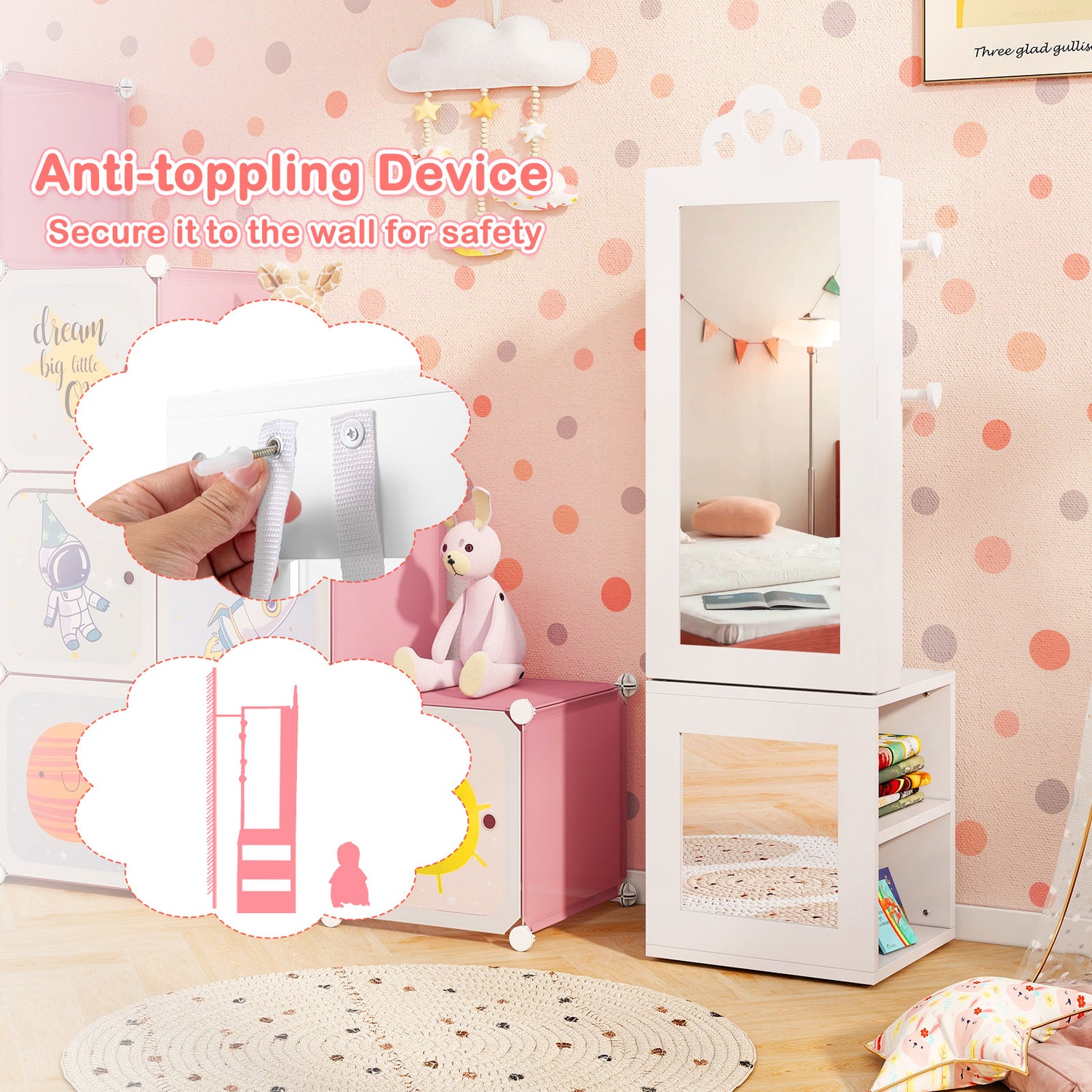 3-in-1 Freestanding Kids Jewelry Cabinet Armoire with Full Length Mirror