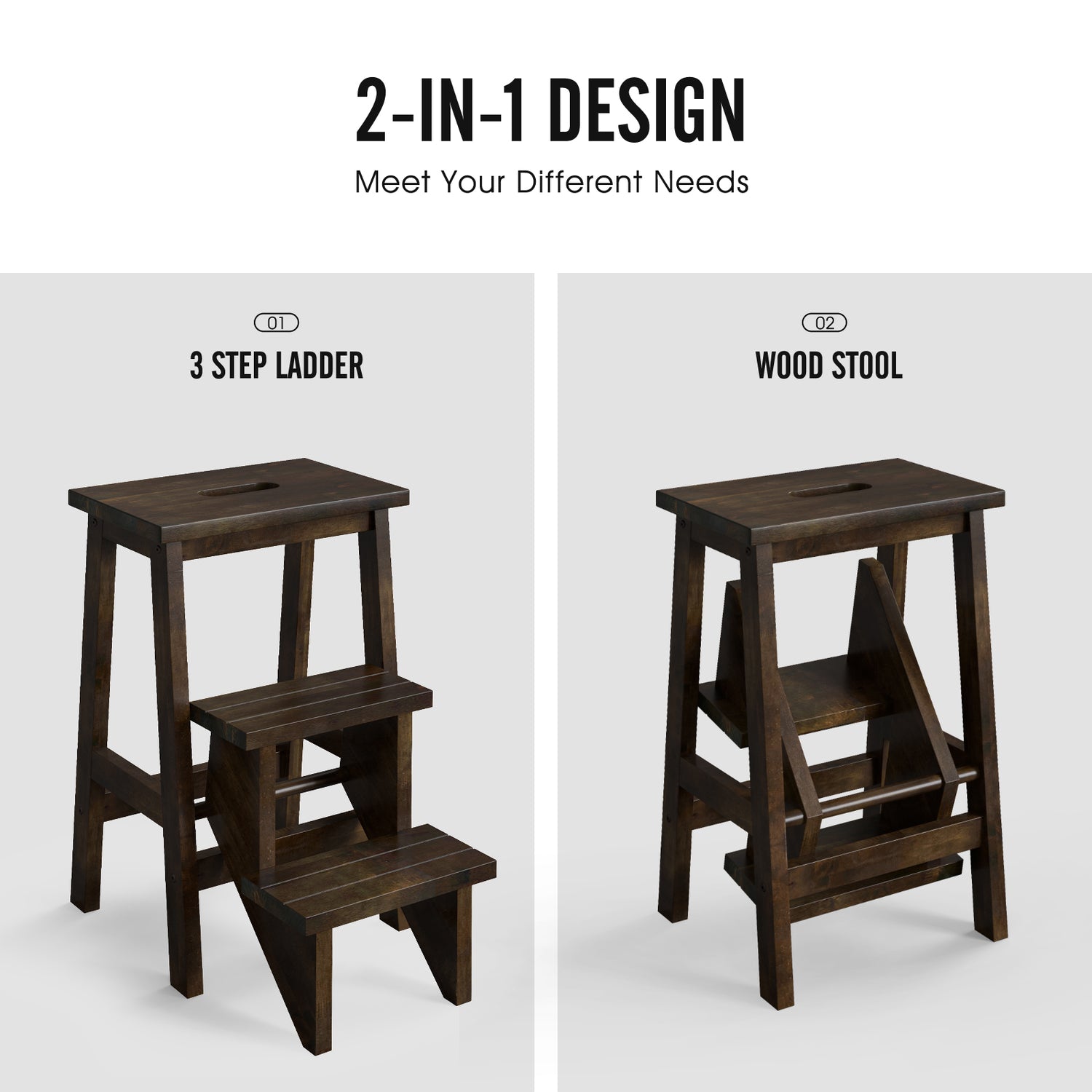 3-in-1 Rubber Wood Step Stool with Convenient Handle