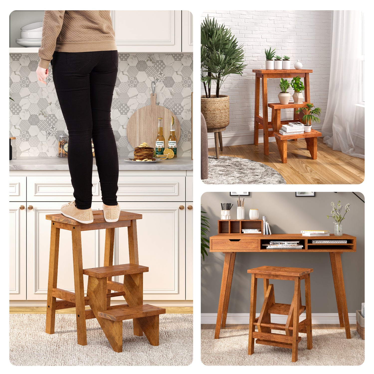 3-in-1 Rubber Wood Step Stool with Convenient Handle