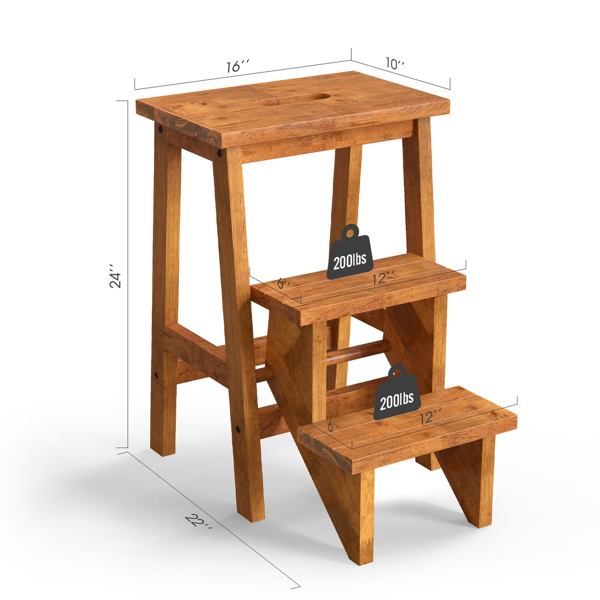 3-in-1 Rubber Wood Step Stool with Convenient Handle