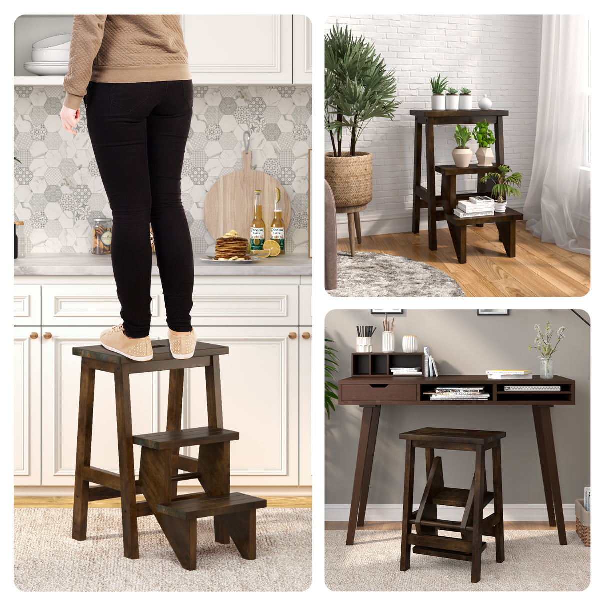 3-in-1 Rubber Wood Step Stool with Convenient Handle