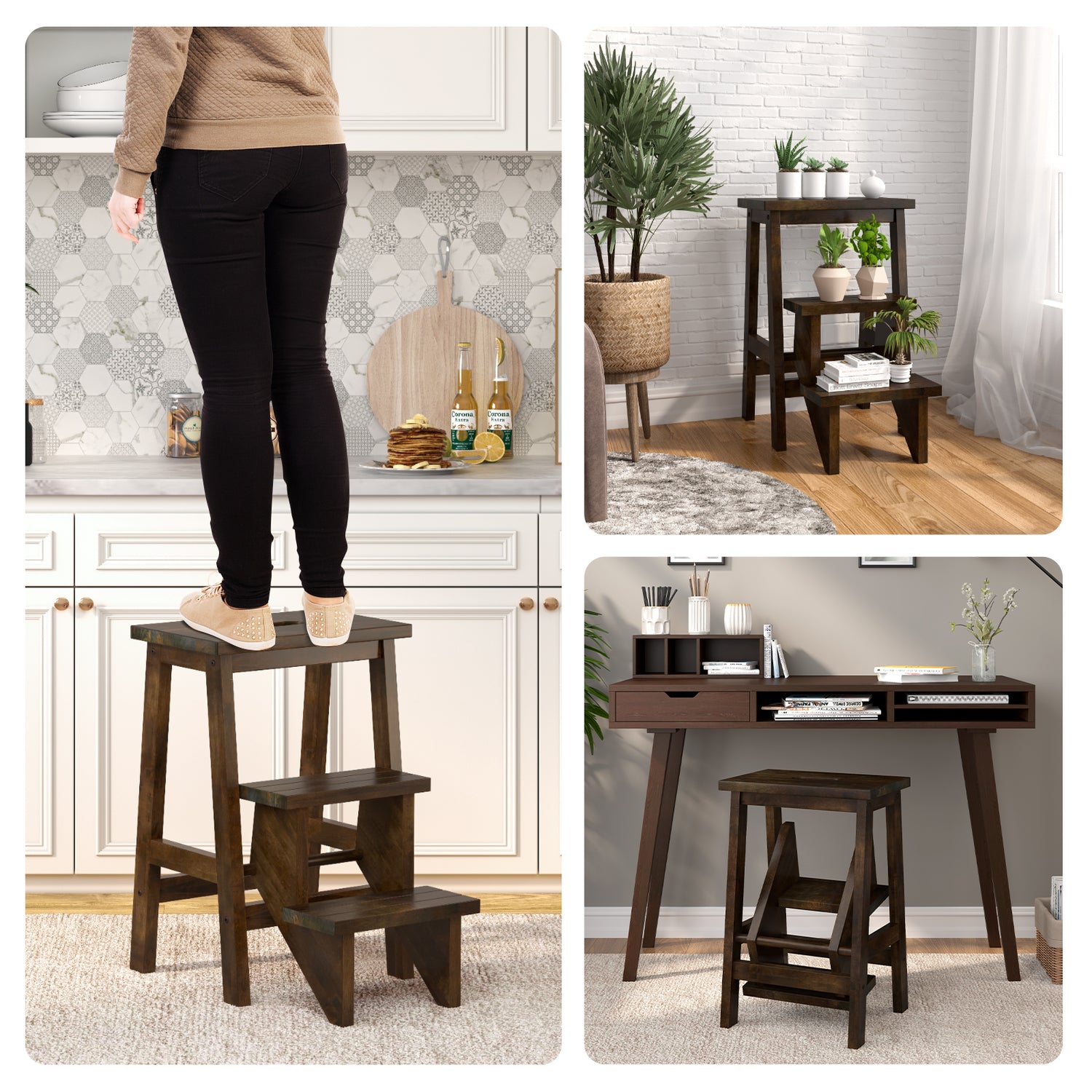 3-in-1 Rubber Wood Step Stool with Convenient Handle