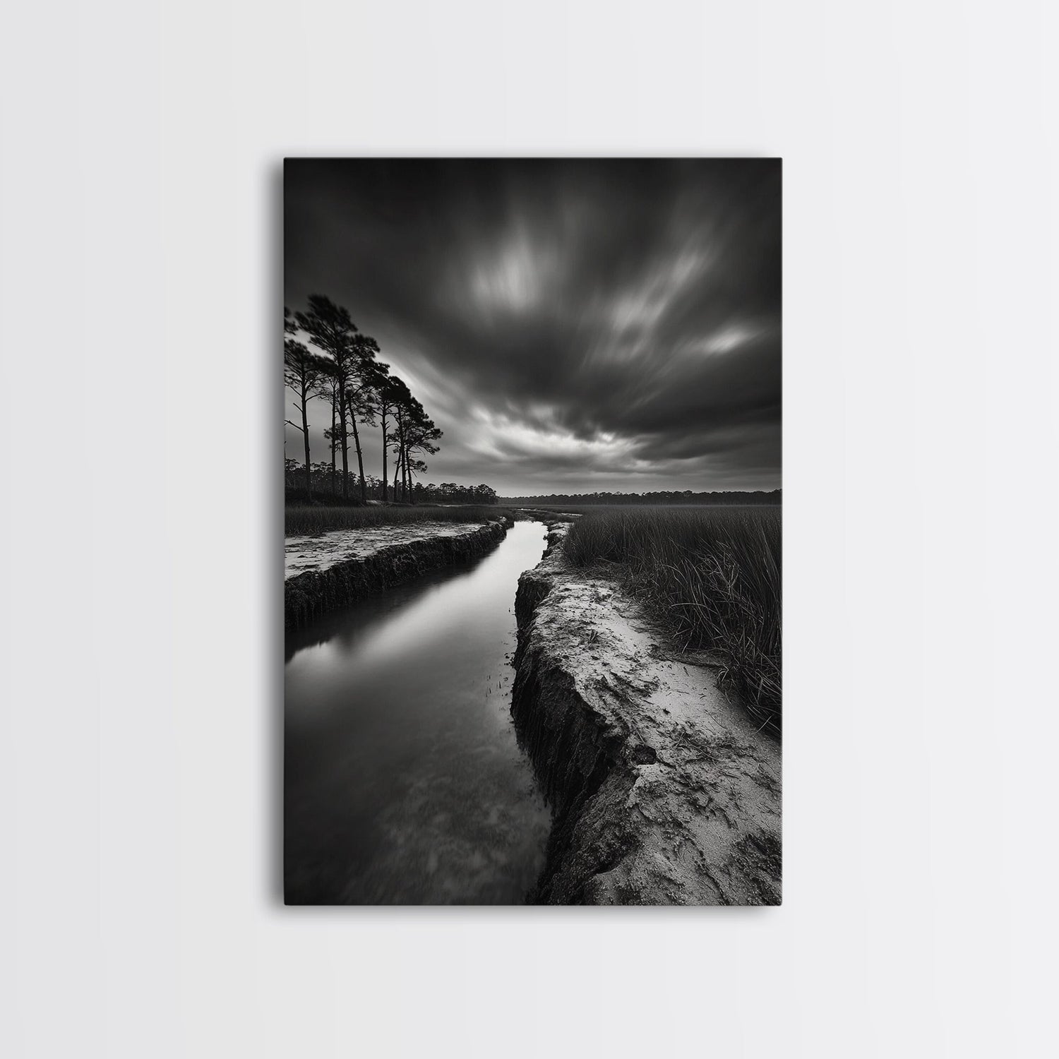 Misty Marsh Path, Moody Landscape, Nature Wall Decor, Living Room Art, Canvas Print, Black and White Photography, Autumn Wall Art