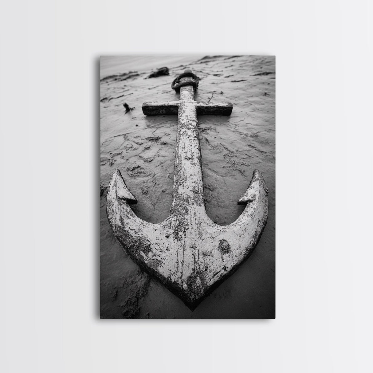 Abandoned Anchor, Nautical Decor, Black White Beach, Framed Canvas Print, Rustic Coastal Wall Art, Entryway Nautical Accent