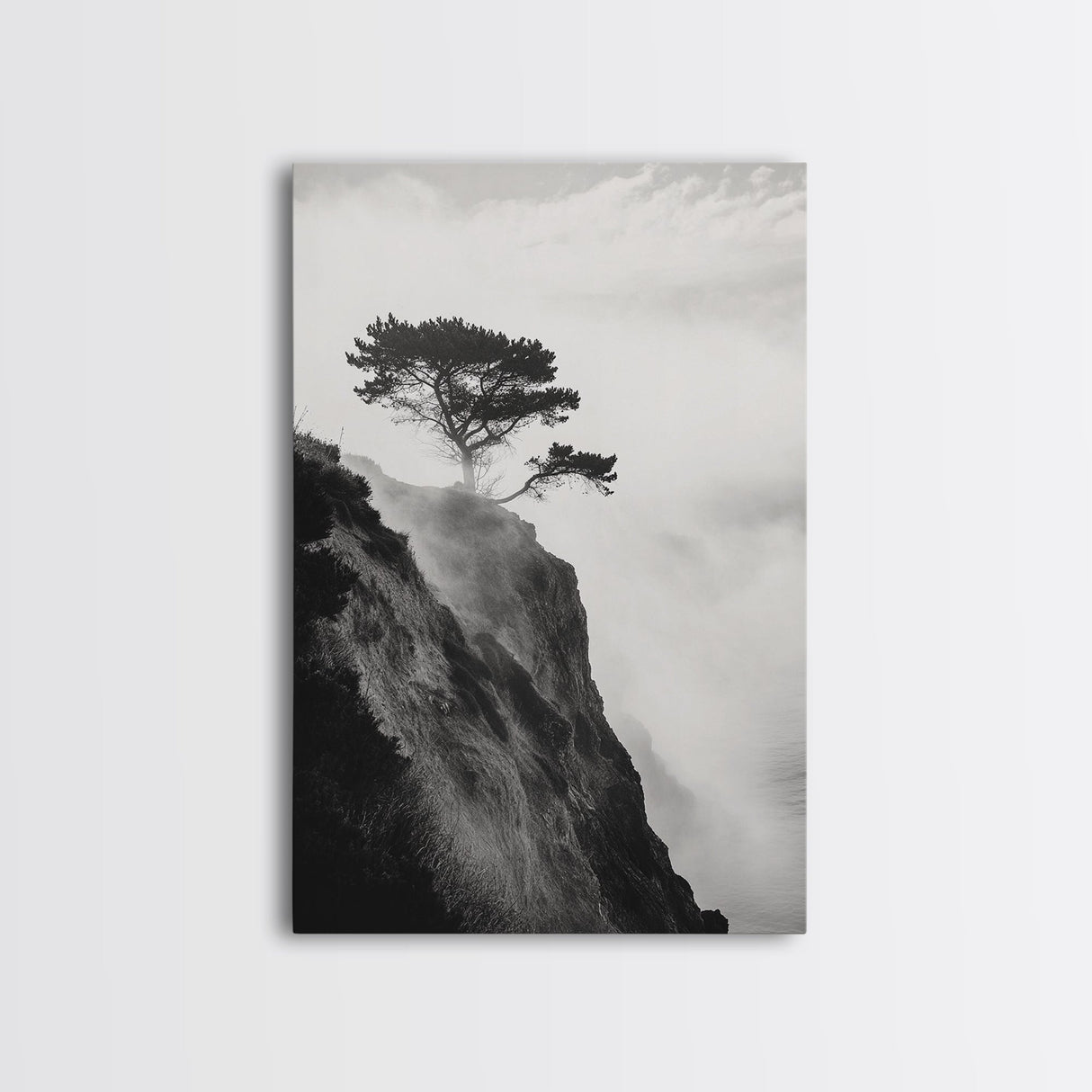 Lone Cliff Tree, Foggy Landscape, Nature Wall Decor, Framed Canvas Print, Minimalist Tree Art, Tranquil Living Room Wall Art