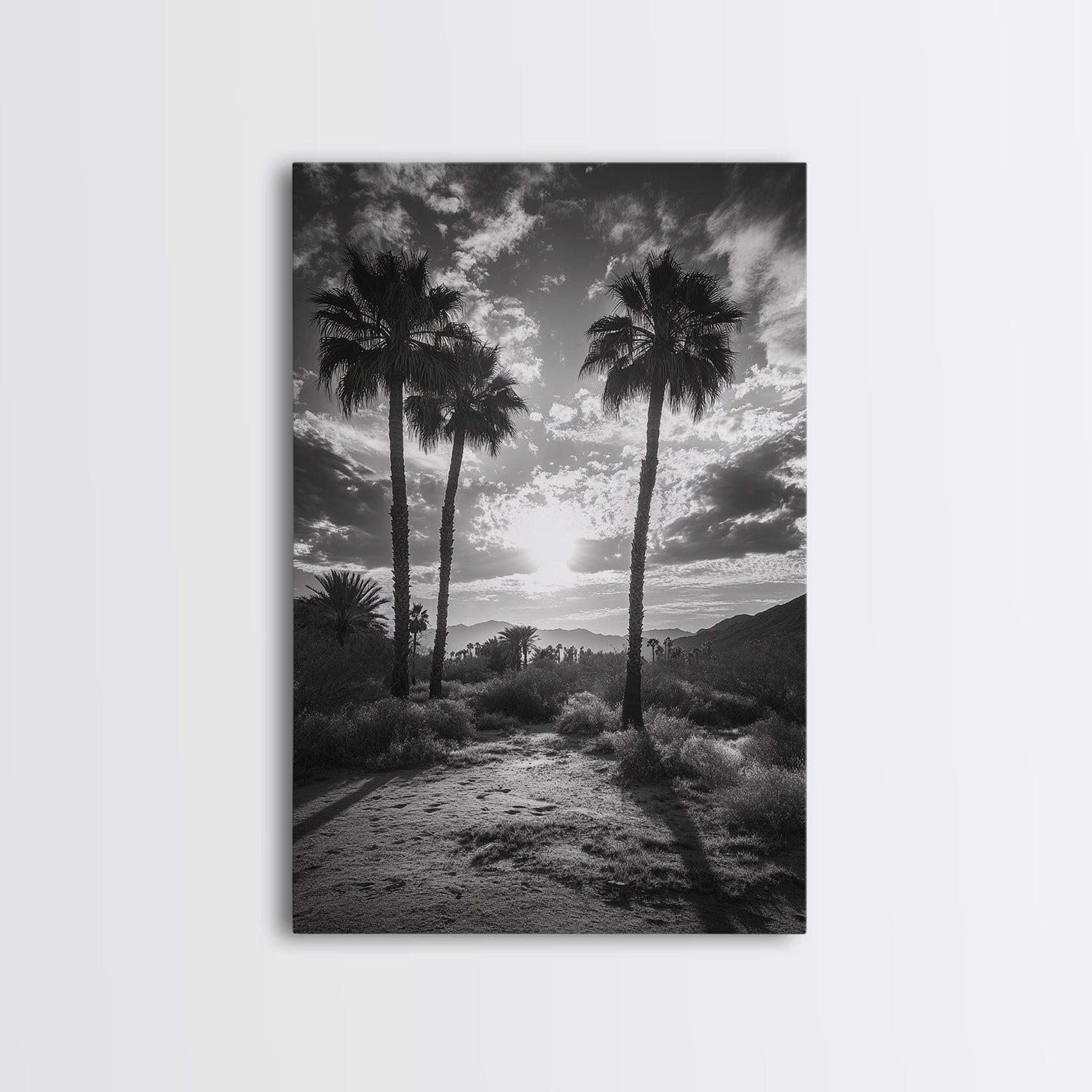 Palm Sunset, Desert Light, Silhouetted Trees, Framed Canvas Print, Tropical Boho Wall Art, Sunset Living Room Decor, Moody Nature Style