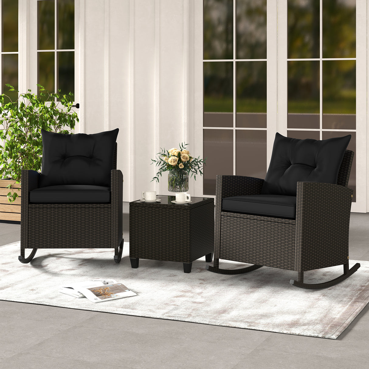 3-Piece Patio Rattan Roker Chairs with Tempered Glass Table and Soft Cushions