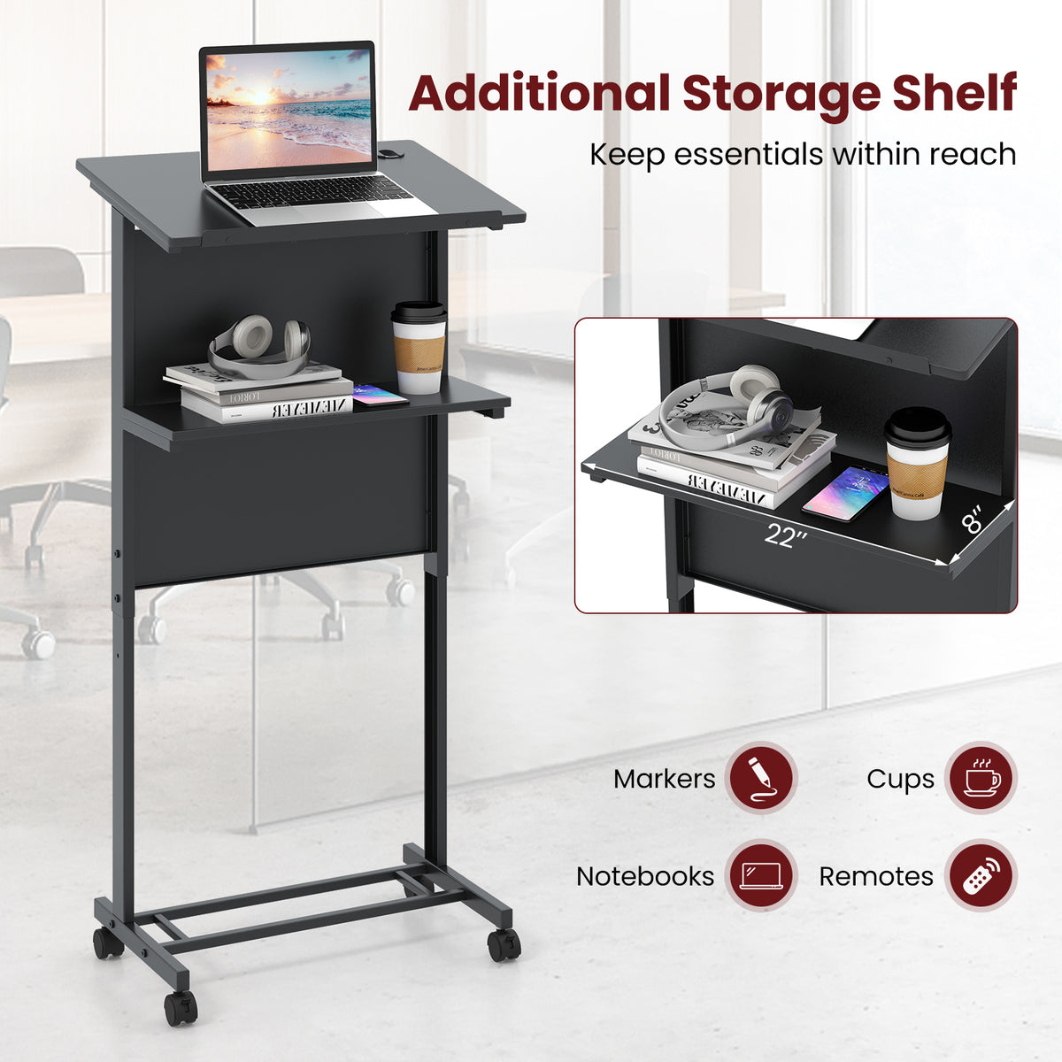 3-Position Height Adjustable Lectern Table with Tilted Tabletop-Black