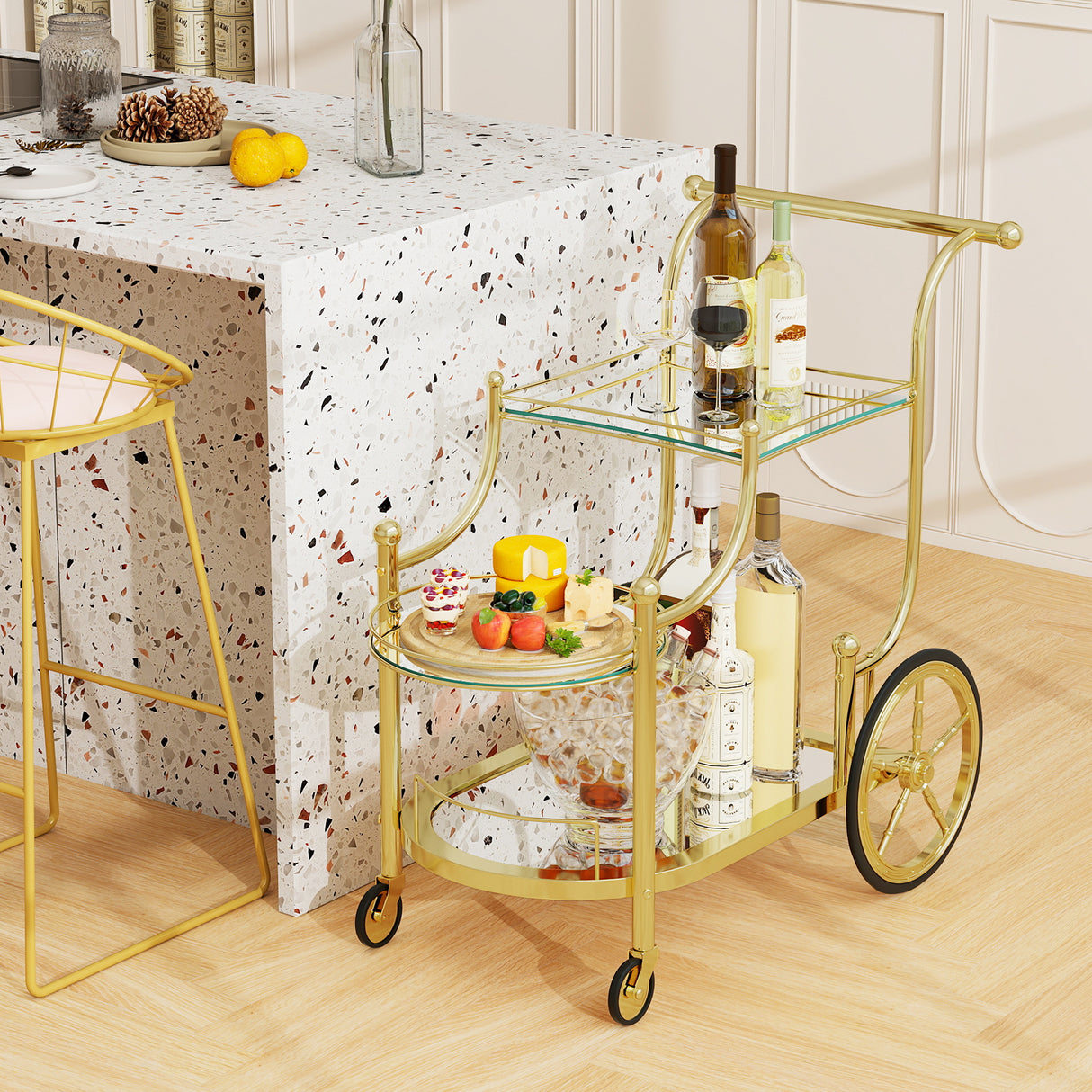 Kitchen Rolling Bar Cart with Tempered Glass Suitable for Restaurant and Hotel