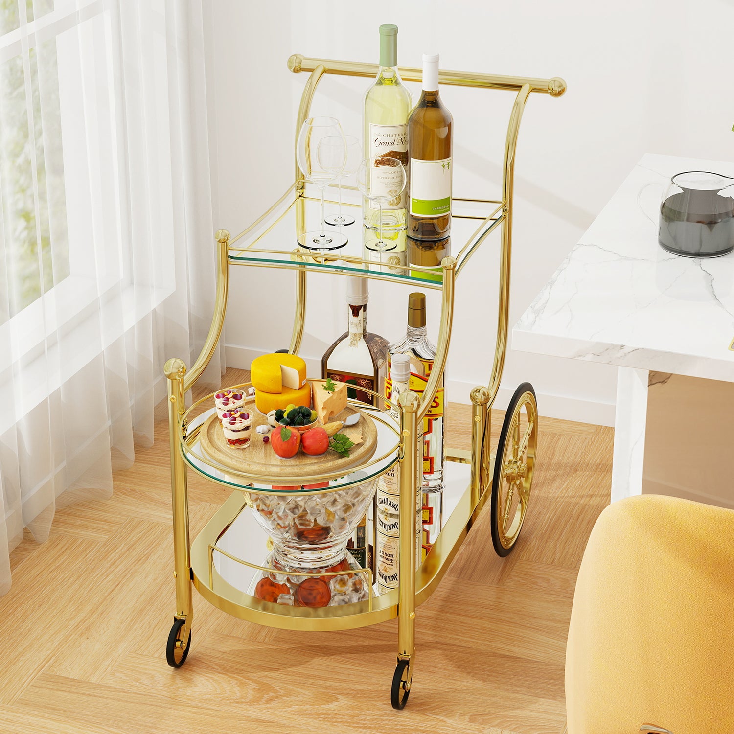 Kitchen Rolling Bar Cart with Tempered Glass Suitable for Restaurant and Hotel