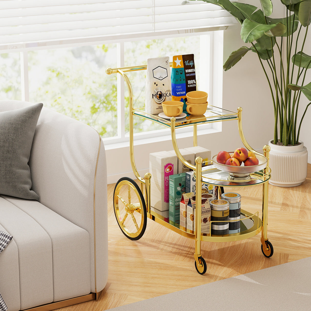 Kitchen Rolling Bar Cart with Tempered Glass Suitable for Restaurant and Hotel