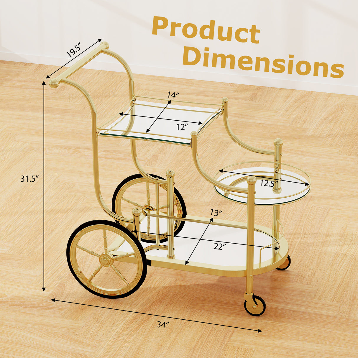 Kitchen Rolling Bar Cart with Tempered Glass Suitable for Restaurant and Hotel
