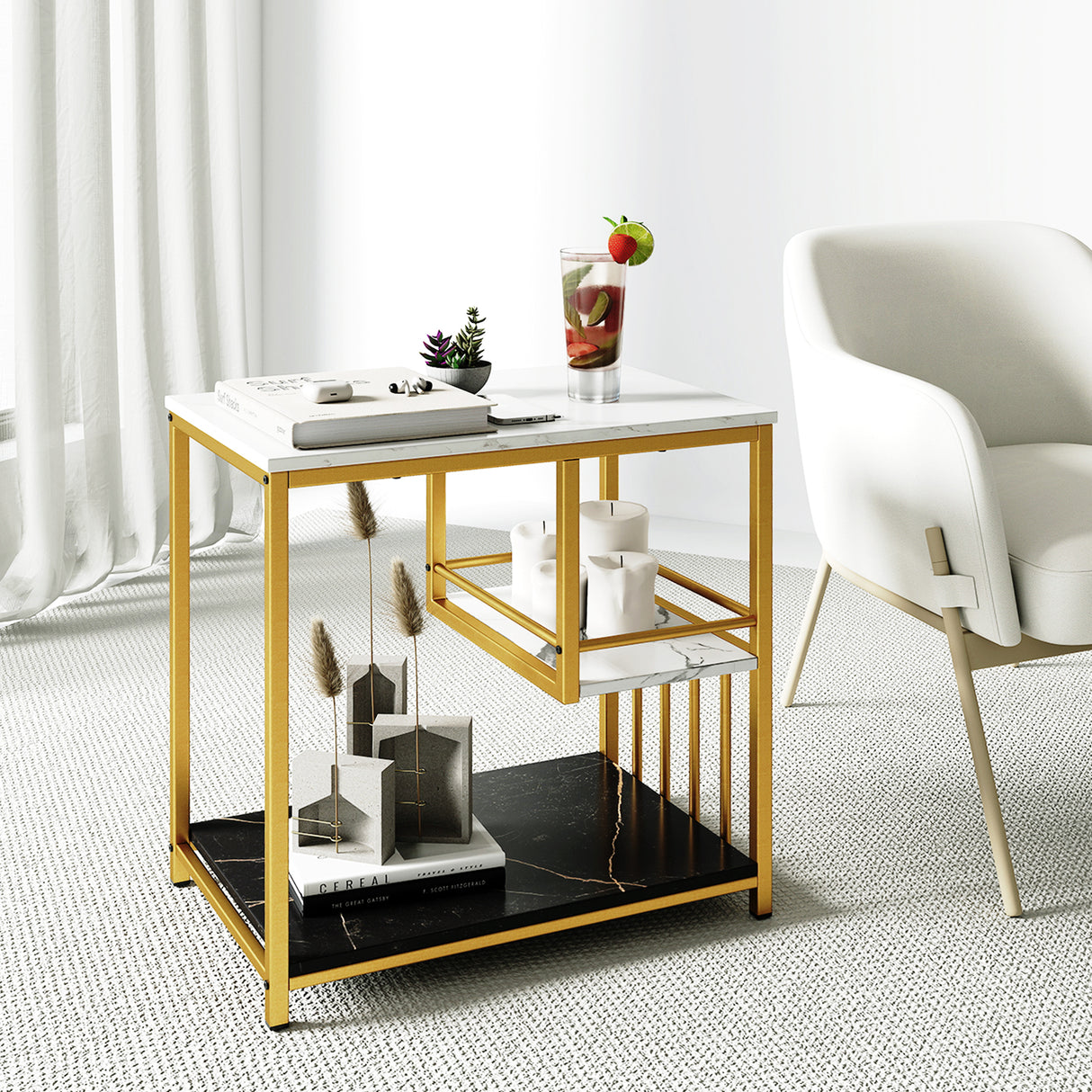 3-Tier Multi-function Marble End Table with Storage Shelf-Golden