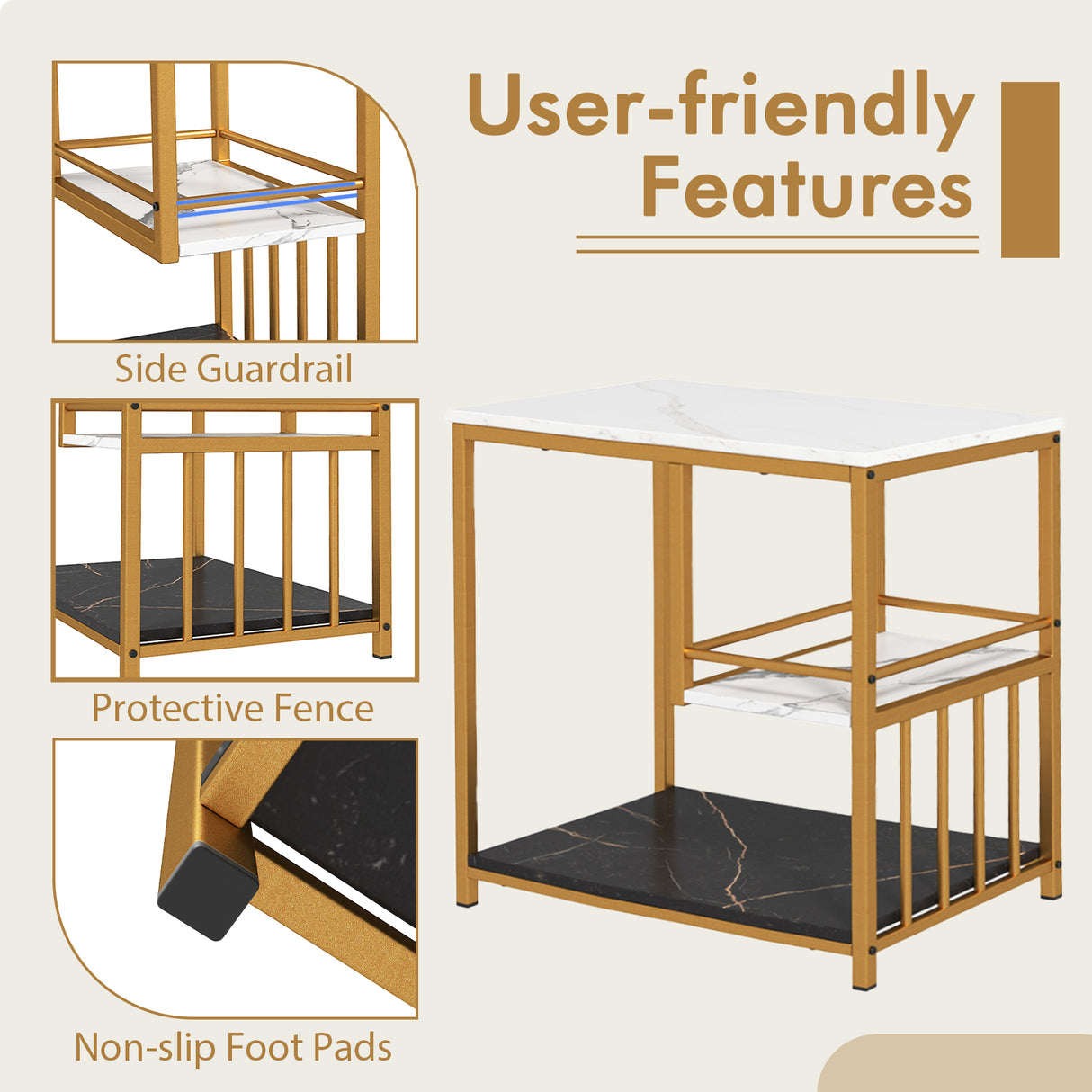 3-Tier Multi-function Marble End Table with Storage Shelf-Golden