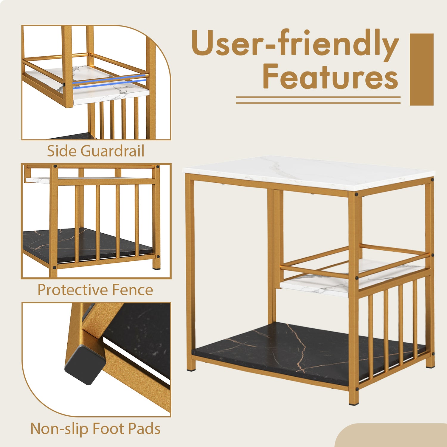 3-Tier Multi-function Marble End Table with Storage Shelf-Golden