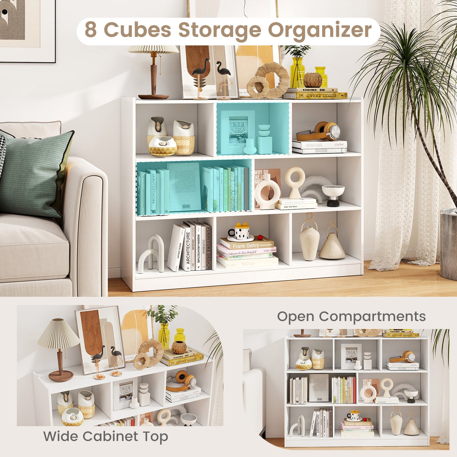 3-Tier Open Bookcase 8-Cube Floor Standing Storage Shelves Display Cabinet