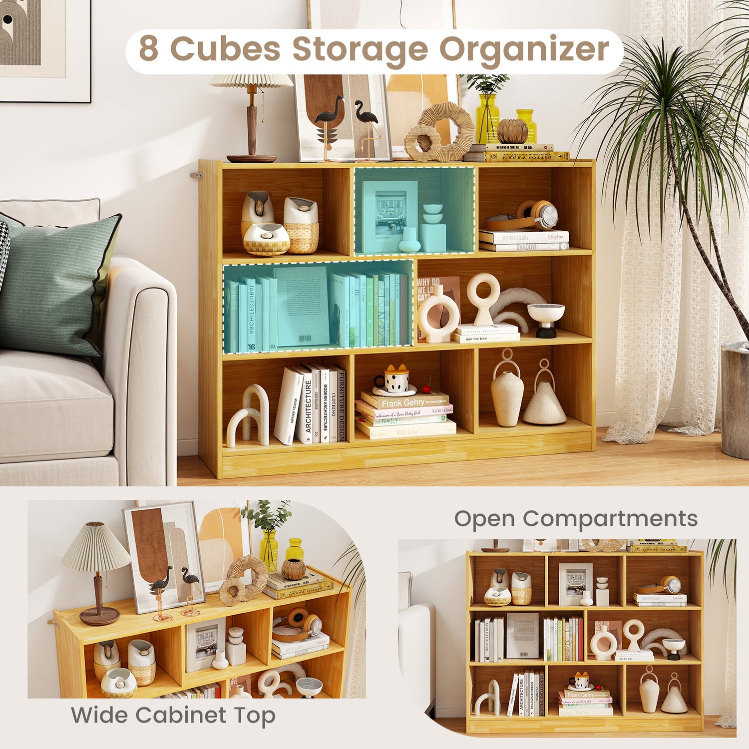 3-Tier Open Bookcase 8-Cube Floor Standing Storage Shelves Display Cabinet