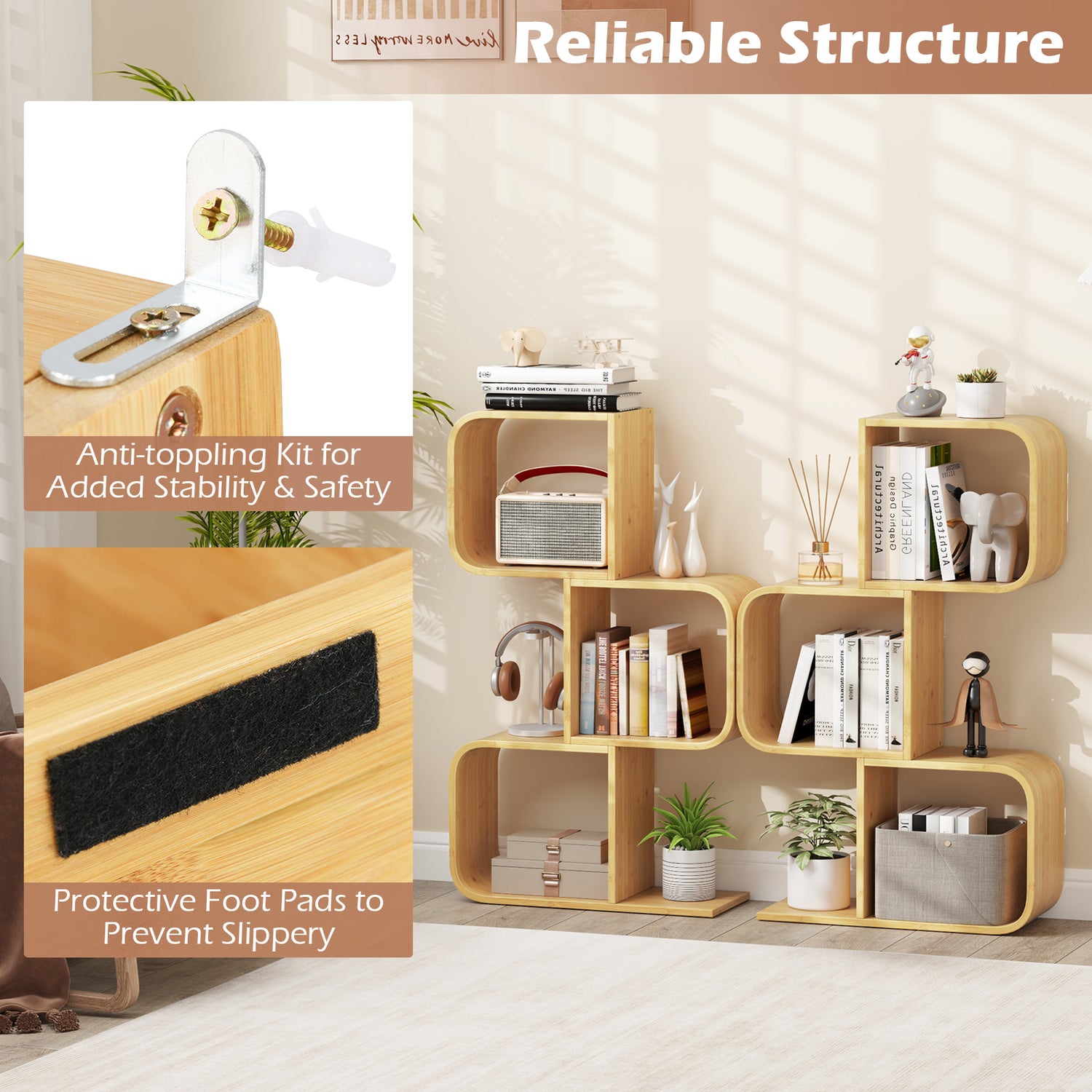 3-Tier S-Shaped Bookcase with 3 Open Cubes for Living Room-Natural