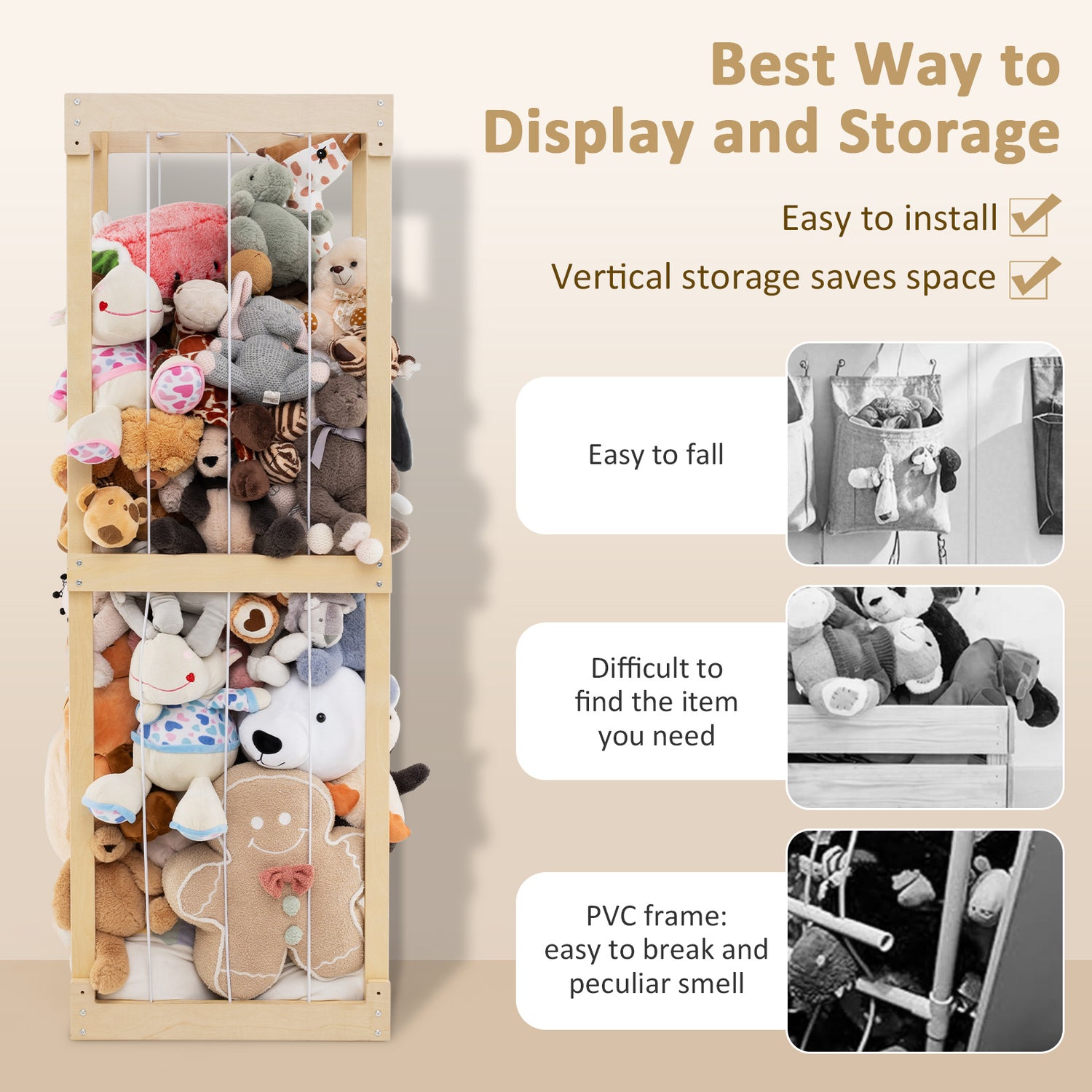 300L Large Stuffed Animal Storage with Open Top and Elastic Cords