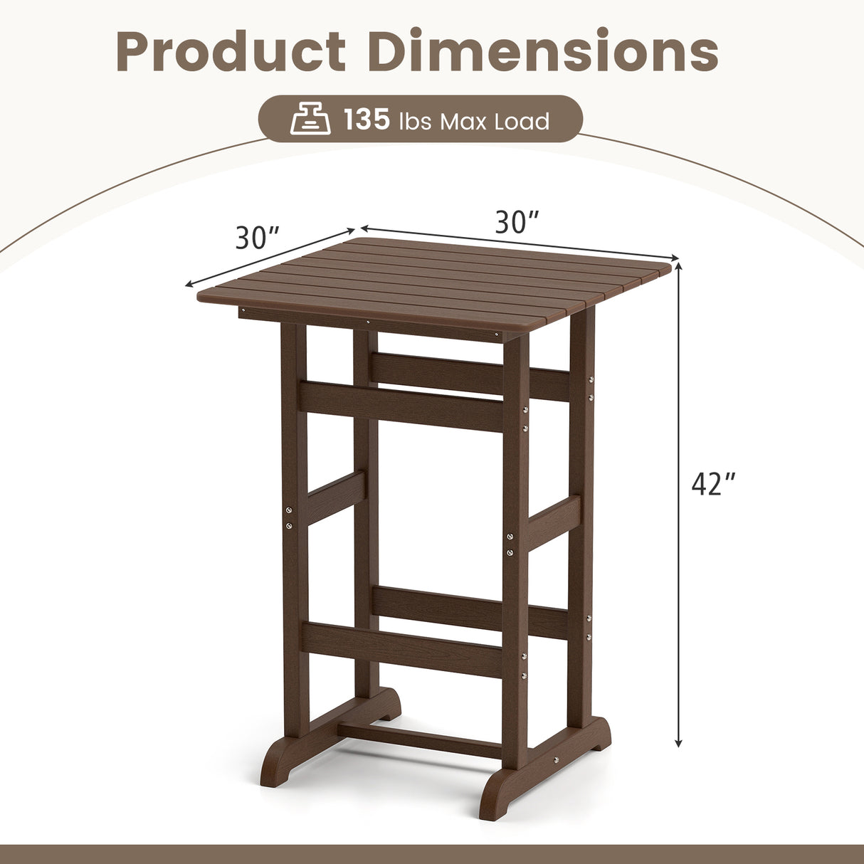 30 Inch Square Bar Table Dining Table with Slatted Tabletop for Poolside