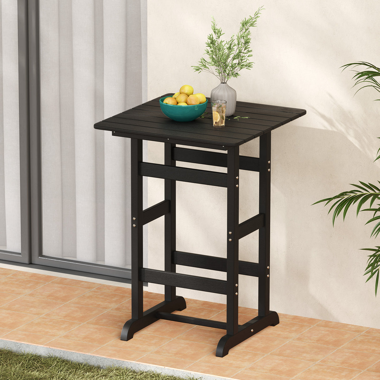 30 Inch Square Bar Table Dining Table with Slatted Tabletop for Poolside