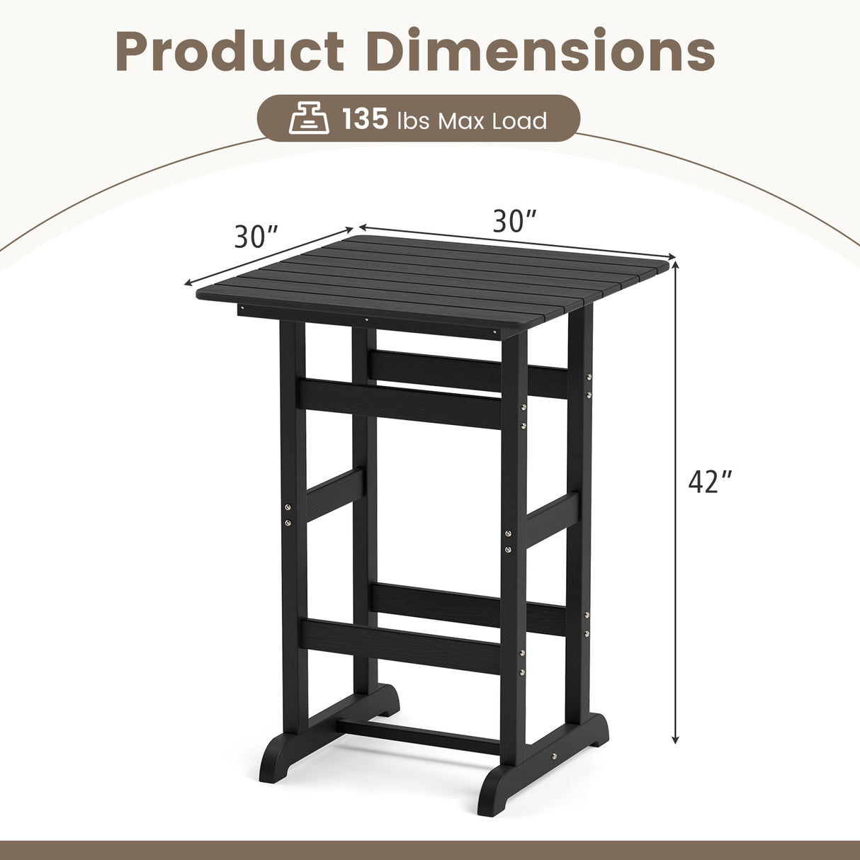 30 Inch Square Bar Table Dining Table with Slatted Tabletop for Poolside